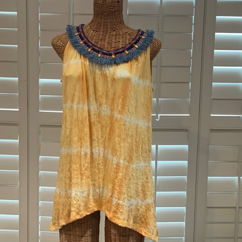 New Directions Blue and White Asymmetrical Embellished Tank Top